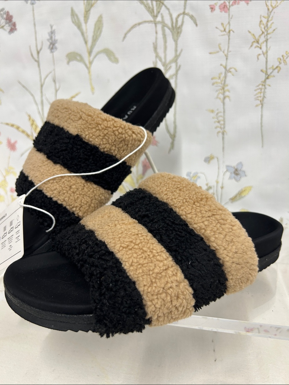 ROAM Black & Tan Striped Faux Shearling Slide Sandals